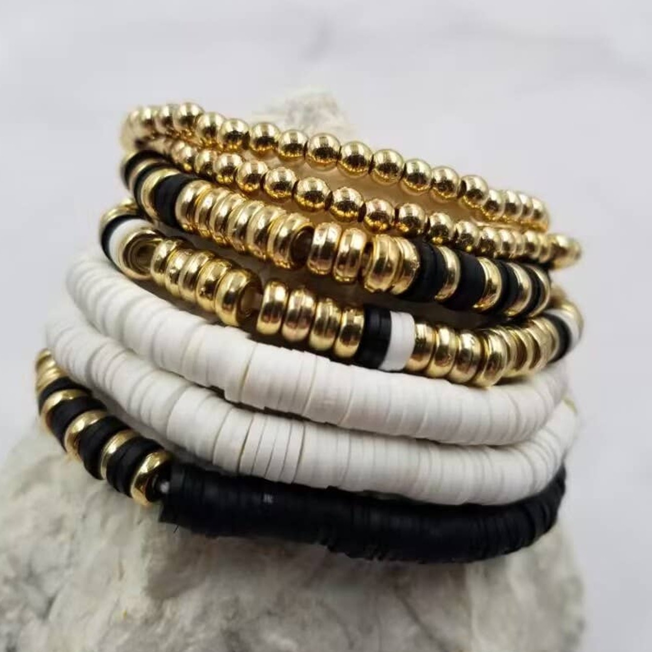 Gold Black White Heishi Beaded Bracelet Set Of 7